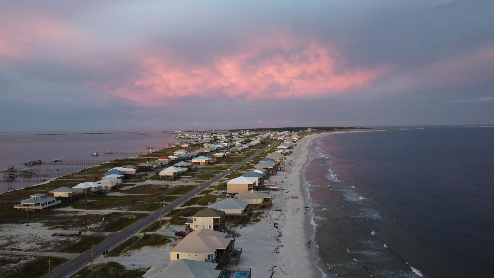 Dauphin Island Aerial View of Pink Clouds above the Island Center
